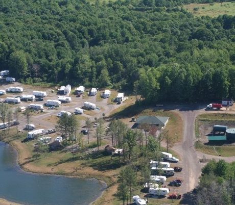 aerial view of pond and RV parking at Sparrow Pond Family Camp